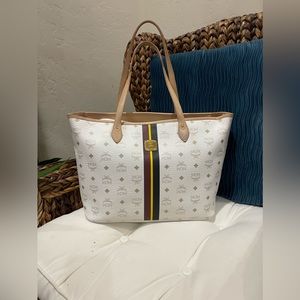 MCM White Canvas Monogram Tote with Brown Leather Trim and Yellow-Black Stripe